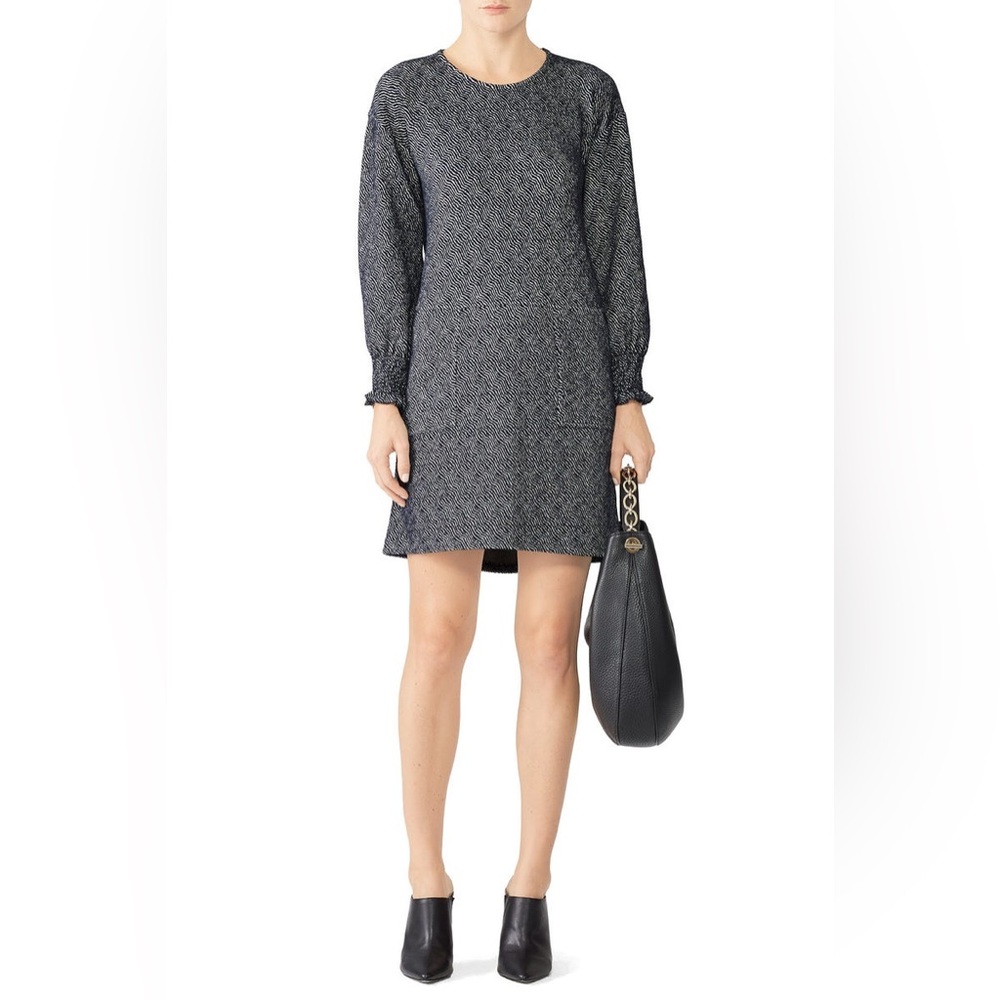 Sita Murt Blue Jaquard Sweatshirt Linen Blend Smocked Cuff Shift Dress Small